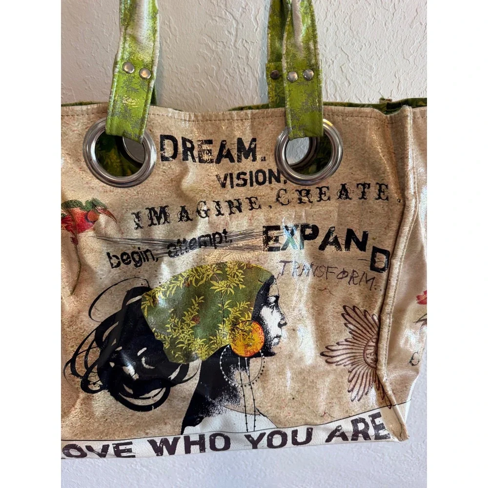 Papaya! Art Tote Bag Love Who You Are Dream Imagine Create Large Oilcloth Tan